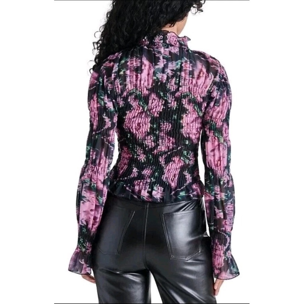 Steve Madden Women's Blouse Smocked Long-Sleeve Top Black Sheer Medium Victorian